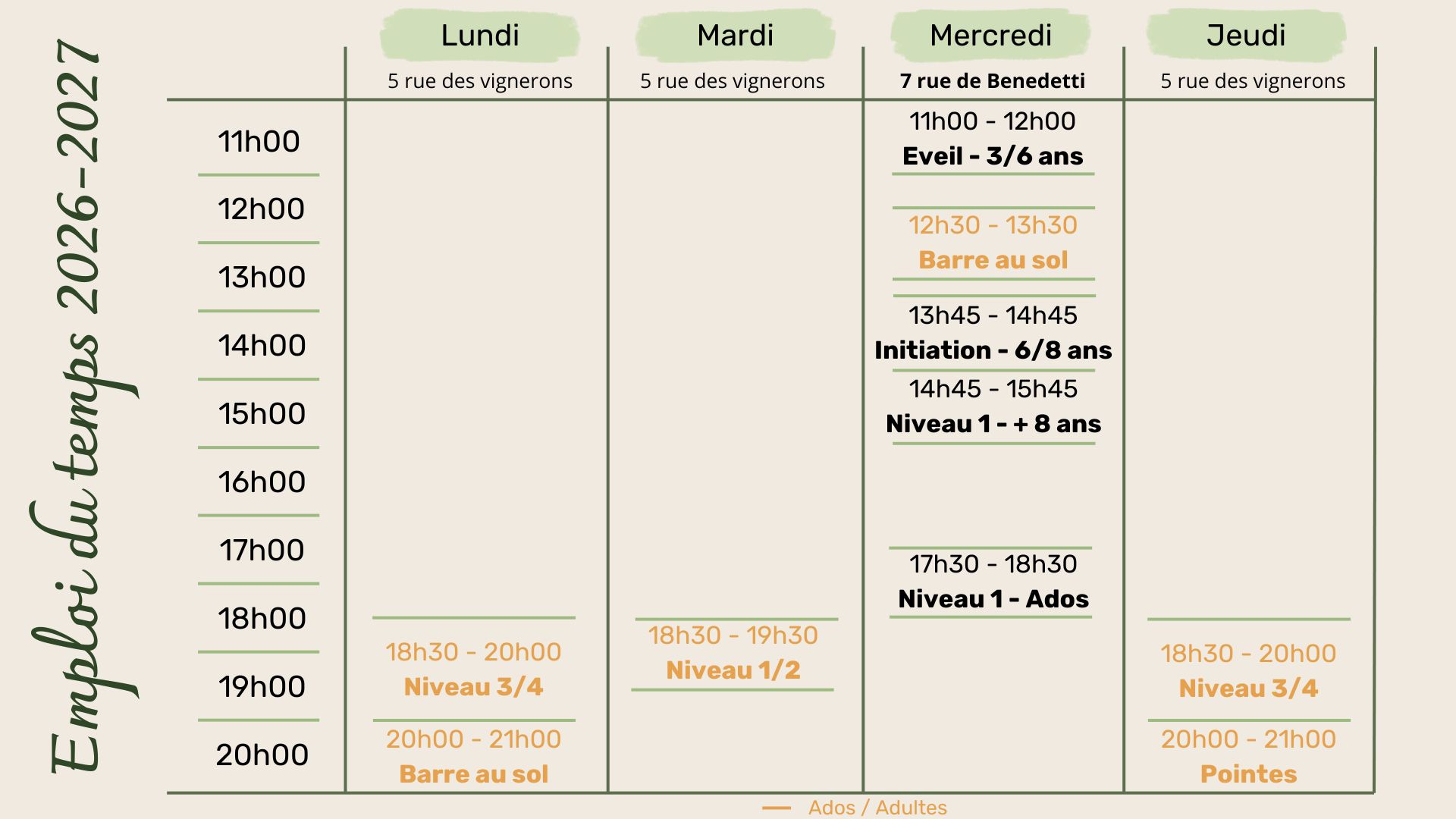 planning des cours